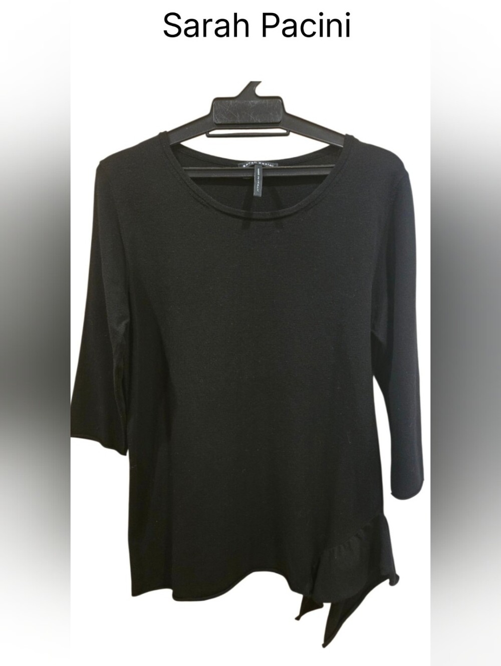 Sarah Pacini Black Knit Top with Draped Asymmetric Hem 3/4 Sleeves One Size